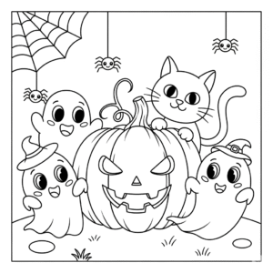 万圣节儿童南瓜黑猫幽灵填色图 Halloween pumpkin coloring page for kids