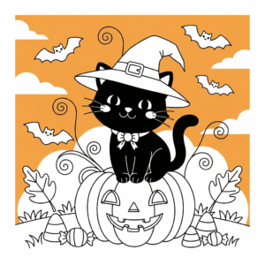 万圣节儿童南瓜黑猫填色图 Halloween pumpkin coloring page for kids