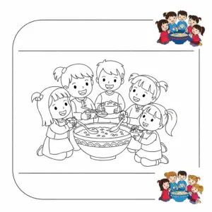 一家人吃腊八粥儿童涂色图 Family eating Laba porridge coloring page
