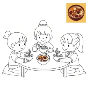 一家人吃腊八粥儿童涂色图 Family eating Laba porridge coloring page