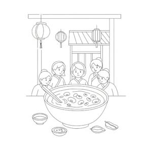 一家人吃腊八粥儿童涂色图 Family eating Laba porridge coloring page