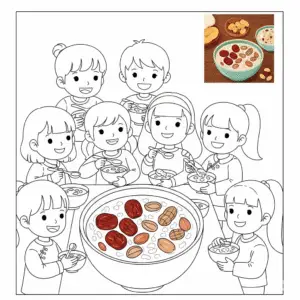 一群儿童吃腊八粥儿童涂色图 Family eating Laba porridge coloring page