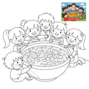 一家人吃腊八粥儿童涂色图 Family eating Laba porridge coloring page