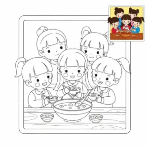 一家人吃腊八粥儿童涂色图 Family eating Laba porridge coloring page