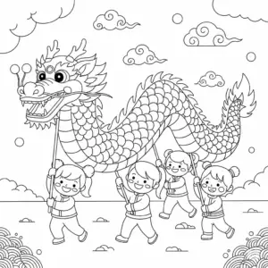 舞龙儿童涂色图 Dragon dance coloring page for kids