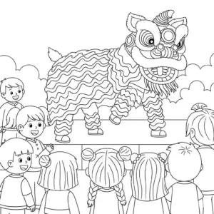 舞狮与打鼓儿童填色图 Lion dance and drummer coloring page for Chinese New Year