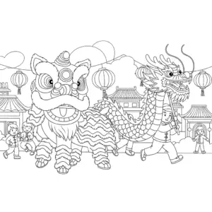 舞狮与打鼓儿童填色图 Lion dance and drummer coloring page for Chinese New Year