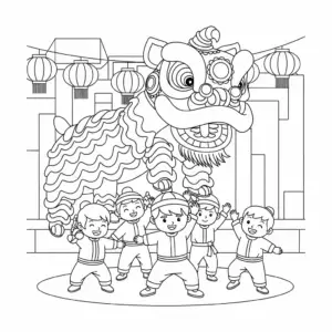 舞狮与打鼓儿童填色图 Lion dance and drummer coloring page for Chinese New Year