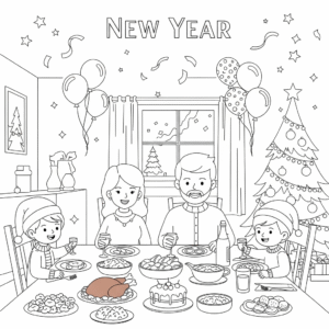 一家人元旦庆祝儿童插图填色图 Family celebrating New Year coloring page
