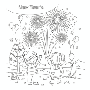 元旦烟花庆典涂色图 Fireworks coloring page for New Year celebration