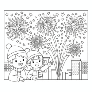 元旦烟花庆典涂色图 Fireworks coloring page for New Year celebration
