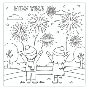 元旦烟花庆典涂色图 Fireworks coloring page for New Year celebration
