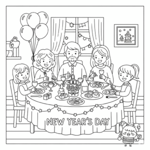 一家人元旦庆祝儿童插图填色图 Family celebrating New Year coloring page