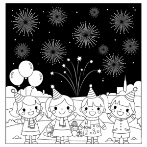 元旦烟花庆典涂色图 Fireworks coloring page for New Year celebration