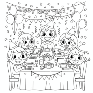 一家人元旦庆祝儿童插图填色图 Family celebrating New Year coloring page