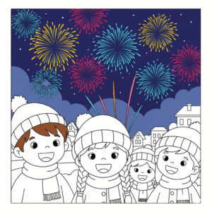 元旦烟花庆典涂色图 Fireworks coloring page for New Year celebration