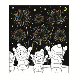 元旦烟花庆典涂色图 Fireworks coloring page for New Year celebration