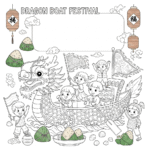 Kids coloring page of Dragon Boat Festival with dragon boat and paddlers