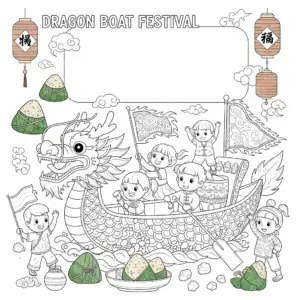 Kids coloring page of Dragon Boat Festival with dragon boat and paddlers