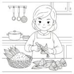 Mother wrapping zongzi for Duanwu Festival - kids coloring page