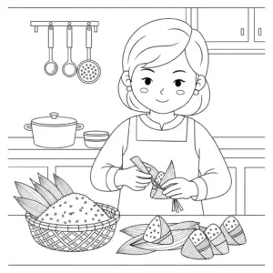Mother wrapping zongzi for Duanwu Festival - kids coloring page
