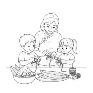Mother wrapping zongzi for Duanwu Festival - kids coloring page
