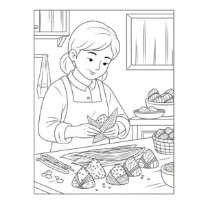 Mother wrapping zongzi for Duanwu Festival - kids coloring page