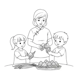 Mother wrapping zongzi for Duanwu Festival - kids coloring page
