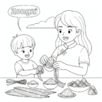 Mother wrapping zongzi for Duanwu Festival - kids coloring page