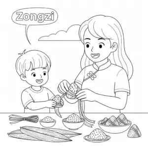 Mother wrapping zongzi for Duanwu Festival - kids coloring page