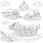 Kids coloring page of Dragon Boat Festival with dragon boat and paddlers