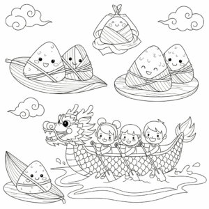 Kids coloring page of Dragon Boat Festival with dragon boat and paddlers