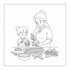 Mother wrapping zongzi for Duanwu Festival - kids coloring page