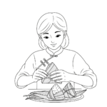 Mother wrapping zongzi for Duanwu Festival - kids coloring page