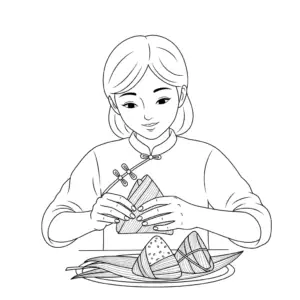 Mother wrapping zongzi for Duanwu Festival - kids coloring page