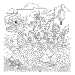 Kids coloring page of Dragon Boat Festival with dragon boat and paddlers