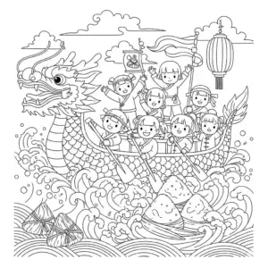 Kids coloring page of Dragon Boat Festival with dragon boat and paddlers