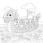 Kids coloring page of Dragon Boat Festival with dragon boat and paddlers