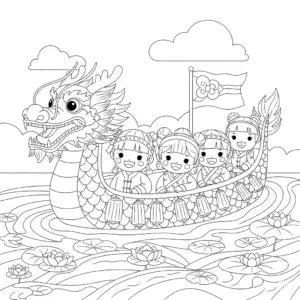 Kids coloring page of Dragon Boat Festival with dragon boat and paddlers
