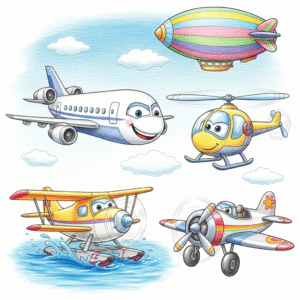 Airship,Helocopter,Seaplane,Jet and others aircraft coloring page