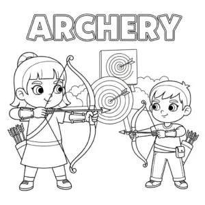 Two archers in full gear aiming bows at targets during a competition
