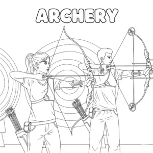 Two archers in full gear aiming bows at targets during a competition