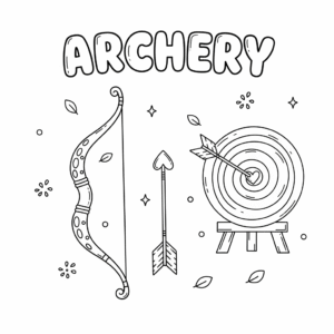 A bow and arrow aiming at a round archery target — printable coloring page for kids