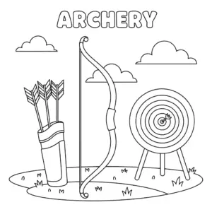A bow and arrow aiming at a round archery target — printable coloring page for kids