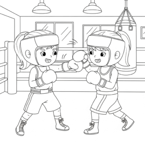 女生进行对打练习Two kids boxing in ring coloring sheet