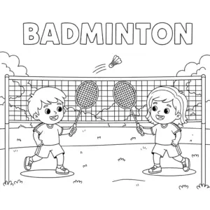 Two kids playing badminton match – printable coloring.两个孩子打羽球填色图