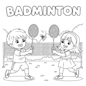 Two kids playing badminton match – printable coloring.两个孩子打羽球填色图