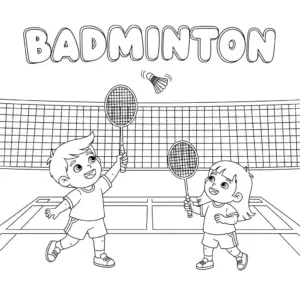 Two kids playing badminton match – printable coloring.两个孩子打羽球填色图