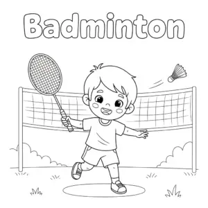 Boy playing badminton and hitting a shuttlecock – coloring page男孩打羽球