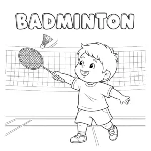 Boy playing badminton and hitting a shuttlecock – coloring page男孩打羽球